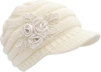 C-US Women Winter Warm Knit Hat Crochet Visor Brim Cap with Flower Accent