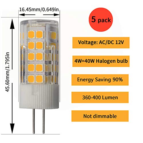 Mjiuzhou 5 Pack G4 12V Led Light Bulbs, 4W (40W 30W Halogen Equivalent) Warm White 3000K Ac Dc 400 Lm, G4 Jc T3 Bi-Pin Base Bulb For Home And Landscape Lighting #TOP1