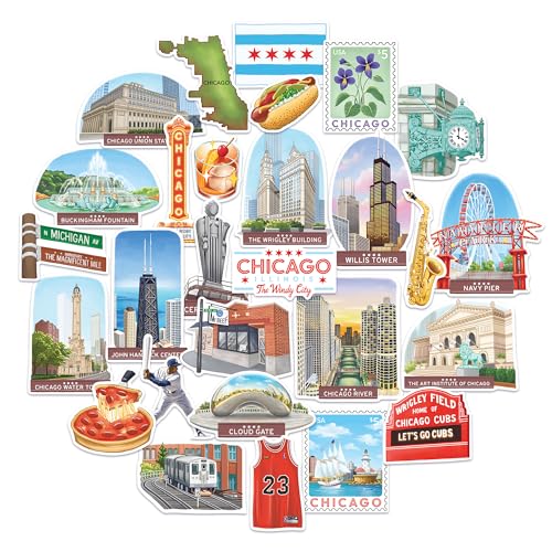 Navy Peony Windy Chicago - Pegatinas de viaje (28 unidades), estilo gouache, impermeables, calcomanías de vacaciones con temática de Estados Unidos para álbumes de recortes, diarios, laptop