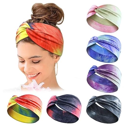 Kavya Cintas para el pelo para mujer, anchas, elásticas, suaves, 6 unidades, verano, bohemio, con impresión, accesorios para el cabello, yoga, deporte, diadema, multicolor, delgadas (Tie Dye B)