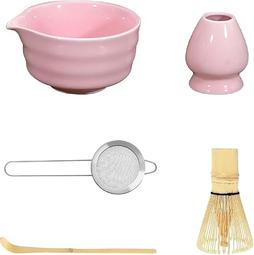 Miniatura 8 de Juego de té matcha, kit ceremonial de 5 piezas con cuenco de cerámica para matcha (chawan), batidor de bambú (Chasen) y soporte, tamiz de acero Verde