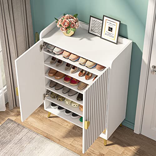 Tribesigns Shoe Cabinet with Doors, 6-Tier Shoe Storage Cabinet with Adjustable Shelves, Wooden Shoes Rack Shoe Storage Organizer for Entryway, Hallway, Closet, Living Room, White & Gold by Tribesigns - Image 5