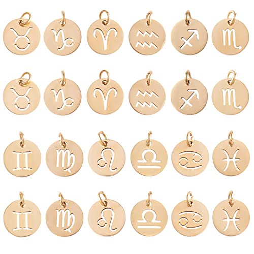 Image of COGCHARGER 24 Pieces Stainless Steel Zodiac Charms Pendant Flat Round Constellations Charm Zodiac Sign Pendant Golden for Jewellery Necklace Earring Making Crafts