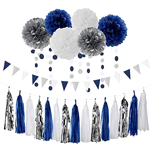Image of Navy Blue White Silver Party Decorations,23pcs Kit Graduation 2026 Tissue Paper Pom Poms Streamers,Tassel Garland Banner Flowers,Men Birthday Bachelorette Baby Shower Christmas Decor Lasting Surprise