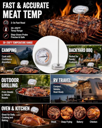 Image of Leave in Probe Meat Thermometer Oven Safe Dual Pointer Dial BBQ Grill