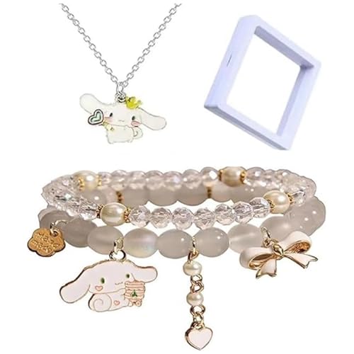 AOMZKOL Kawaii Bracelets Crystal Beads Bracelet Set, Cartoon Elastic Beaded Pearl Cute Bracelets with Necklace for Girls Women Bff Friendship Gift Kawaii Accessories (clear)