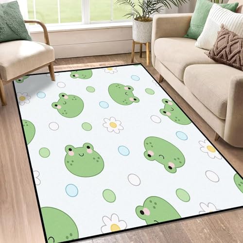 3' x 5' Frog Area Rugs for Girls Bedroom Nursery Laundry Study Room Green Flower Carpet Cute Throw Rugs Home Decor Washable Non-Slip Doormat, 35" x 63