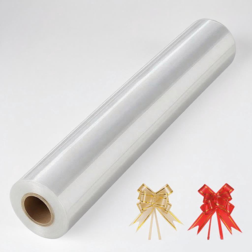 DYFHOJU Cellophane Wrap Roll (30M x 80cm - Folded) 3 Mil Thick with 10 Pull Bows โ Food Grade, Clear Cellophane Wrap for Hampers, Food, Halloween, Flowers, Treats & Crafts