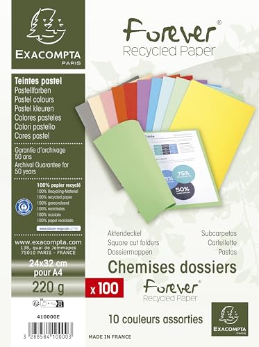 Exacompta Forever 410000E Packung mit 100 Aktendeckel (aus 220g/qm recyceltem Karton in Format 24 x 32 cm, ideal für DIN A4, farbig sortiert) 100 Stück