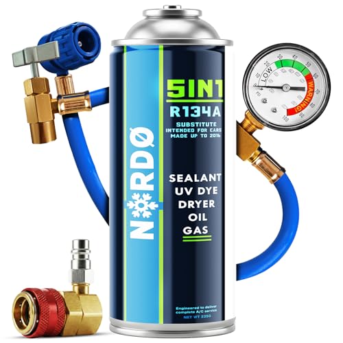 Image of Nordo - 5in1 - R134a Air Conditioning Recharge XL for Car Air Conditioning, Containing Oil, Sealant, UV Dye, Desiccant + Adapter HP/LP - Protects the Compressor - 235g Each Can