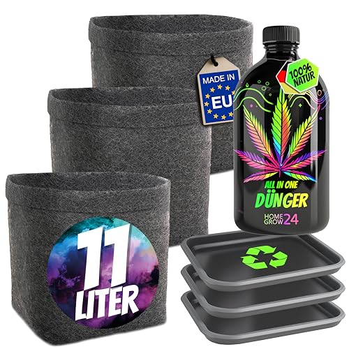 Homegrow24 Cannabis Dünger Indoor & Outdoor für Cannabispflanzen Wachstumsphase und Blütephase BIOlogischer organischer Grow & Bloom Hanfdünger I Starter Set (500 ml + 3 stk. Filztöpfe & Untersetzer)