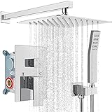 Rainfall 10 inch Shower System Bathroom Luxury Rain Mixer Silver Shower Combo Set Wall Mounted Shower Head Systems with High Pressure Head Hand Held Square Shower Head Polished Chrome Rough-in Valve