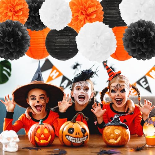 Image of Orange-Black White Party-Decorations Paper-Flowers Lanterns - 15PCS Halloween Tissue Pom Poms Streamers,Vintage Baby Bridal Shower Birthday Bachelorette Wedding Hanging Supplies Decor Hugfond