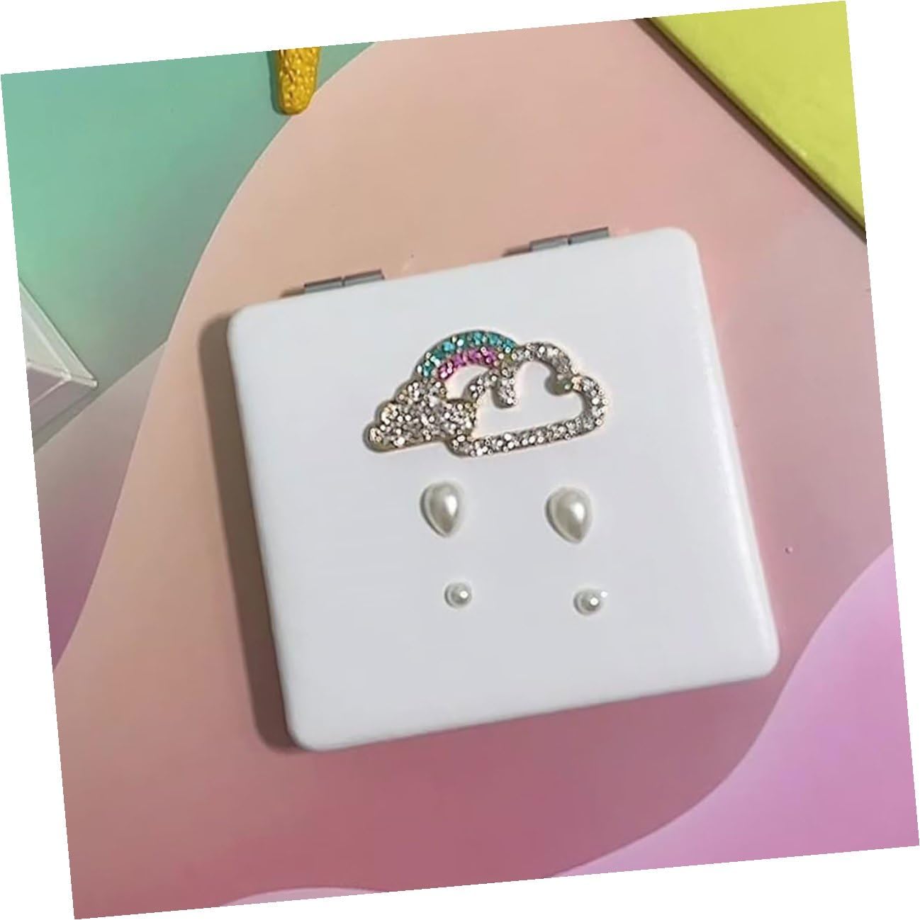 PATKAW Pu Leather Dual-Sided Folding Makeup Mirror with Rhinestones and Pearl Detail, Portable Mini Compact Mirror for Women’s Travel and Daily Beauty Use image 5