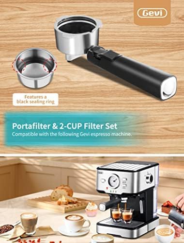 Gevi Portafilter and filter basket next to an espresso machine