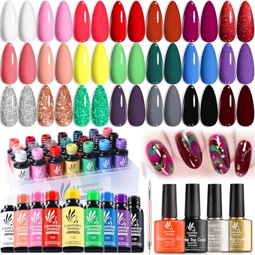 Lavender Violets UV-Gel-Nagellack Blooming Gel Set,21 stück Weiß Rosa Schwarz Blau Rot Grün Splitter Glitzernd mit Base & Matte-Glänzende Top Coat Shellac Nägel Maniküre C997