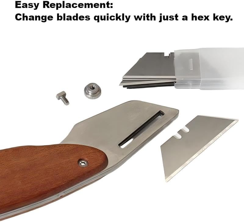 Premium Retractable Leather Knife with Walnut Handle - Heavy Duty Stainless Steel Leather Cutter, Zero Wobble Locking Mechanism, Includes 10 Trapezoid & 10 Hook Blades for DIY Crafts & Box Cutting