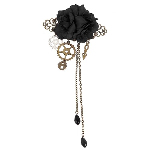 Beaupretty Steampunk Hair Clips with Tassels Chain Rose Flower Hair Clip Vintage Halloween Headdress Goth Gothic Hair Accessories for Women Girls Black - Black