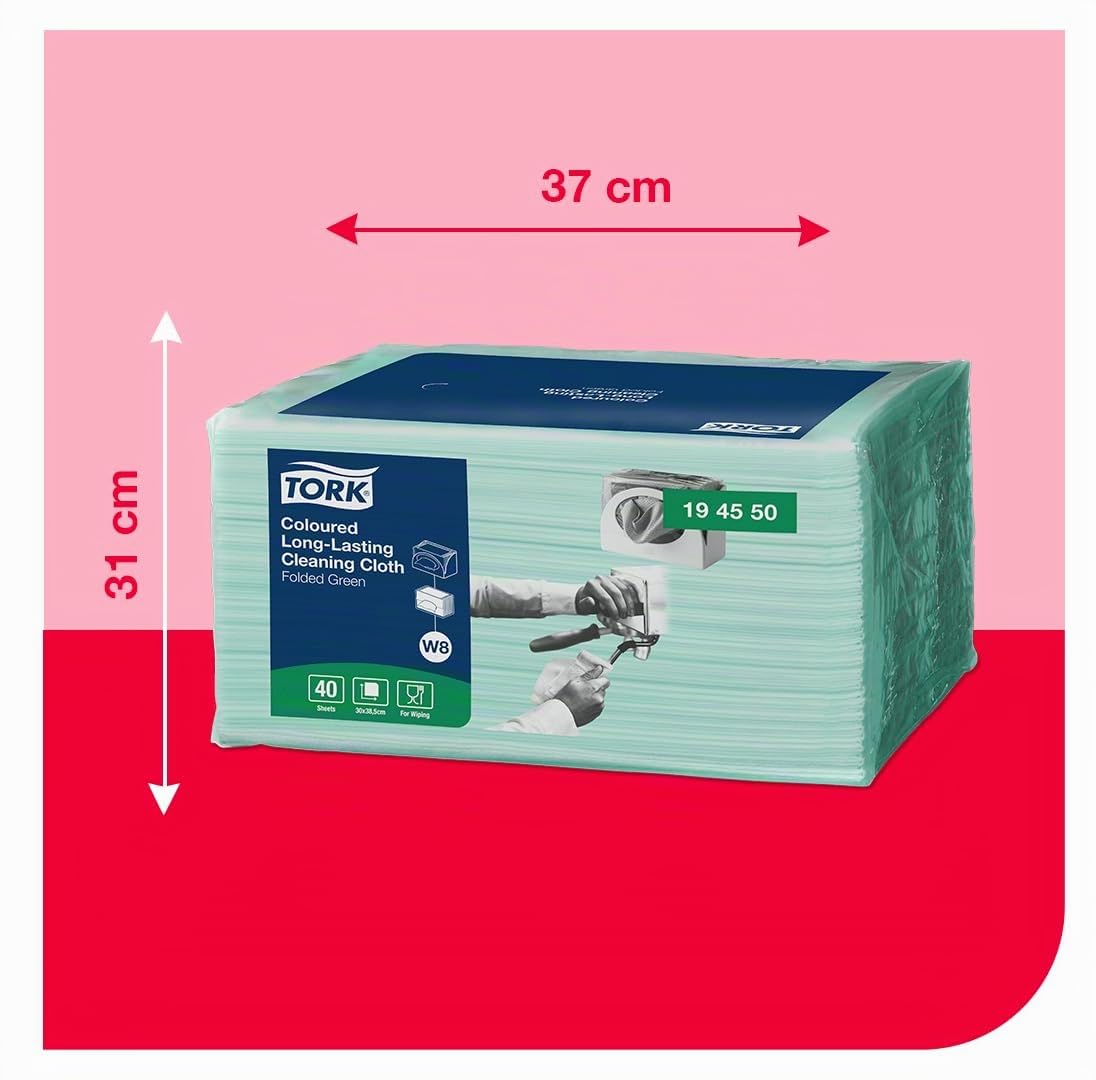 Tork 194550 Chiffon de nettoyage longue durée Premium, compatible avec le système W8 / un pli - 38,5cm x 30cm - 8 x 40 chiffons - Vert