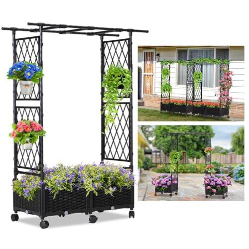 FOLLOOK Planter Box with Trellis Outdoor, 53.1in Plastic Raised Garden Bed with Trellis Hanging Roof for Vine Flower, with Lockable Wheels & Drain Plug for Patio Backyard Balcony, Black, 1 Pc