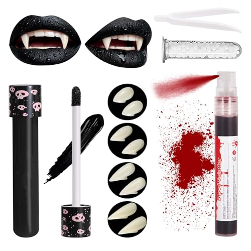 Mysense Fake Blood Spray and Vampire Fangs Teeth Set, 4 Pairs 4 Sizes Fangs with Solid Adhesive, 1 Matte Black Liquid Lipstick, Halloween Holiday Events Cosplay Makeup Accessories