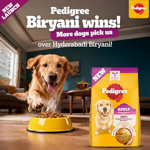 Image of Pedigree Adult Dry Dog Food, New Chicken Biryani Flavour, 2.8kg, Protein of 4 Chicken Pieces, Vitamin D3 of 6 Eggs, Calcium of 7 Cups of Yogurt, 100% Complete and Balanced Nutrition​ (Pack of 2)
