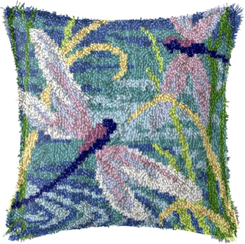 shengyi Latch Hook Kits for Adults, Simple Cushion Making Kit Embroidery Pillowcase DIY Craft Decor Kit Gift for Home Decor, 17 X 17 Dragonfly