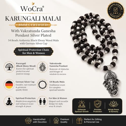 Image of Karungali Malai 8mm Certified with Vakratunda Ganesha Pendant Silver Plated | 54 Beads Authentic Black Ebony Wood Mala with German Silver Cap | Spiritual Protection Chain for Men & Women