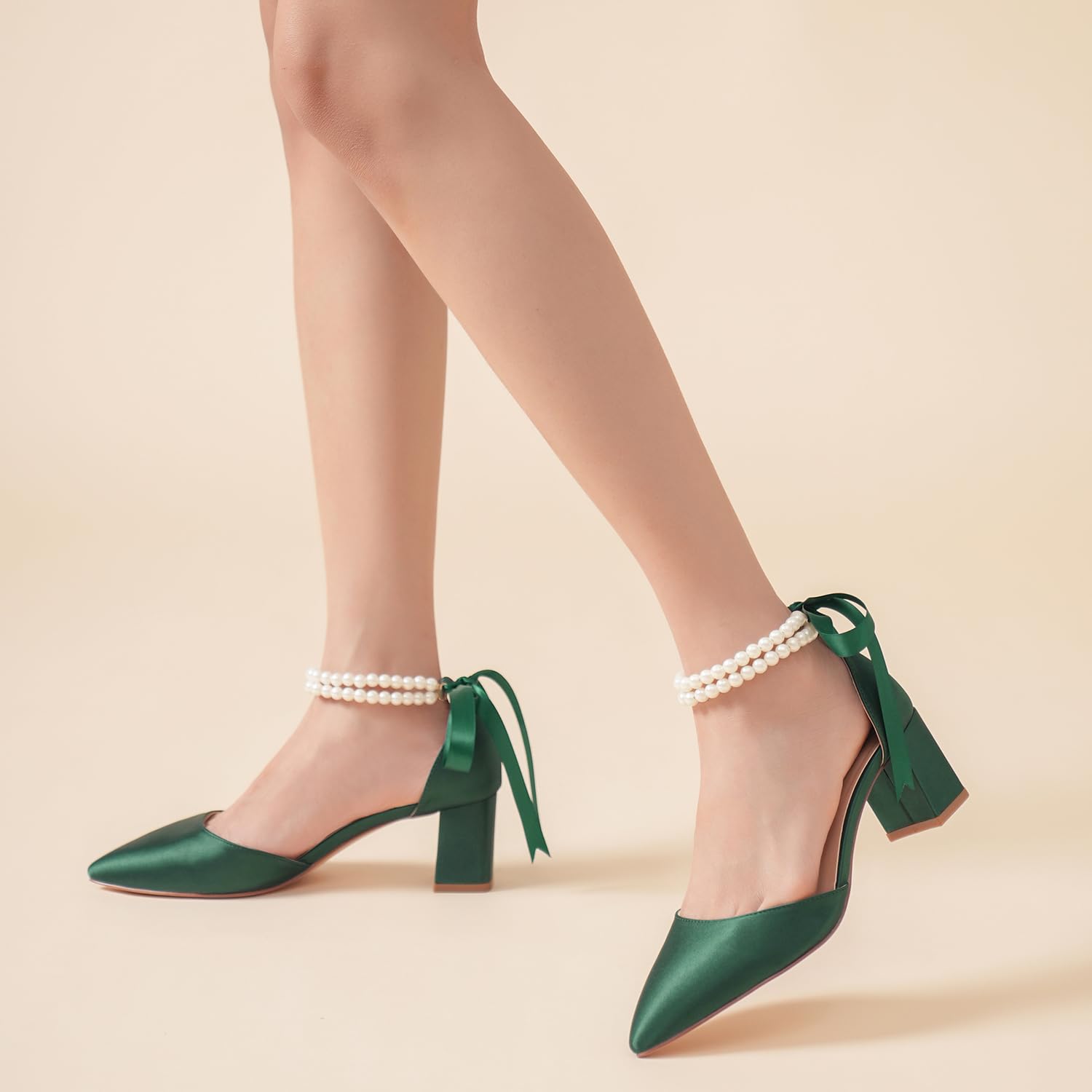 Elivandon J1585 Sandalias de Boda Mujer Satén Tacón Alto Medio 6cm Punta Puntiaguda Doble Tira Perlas Zapatos Nupciales