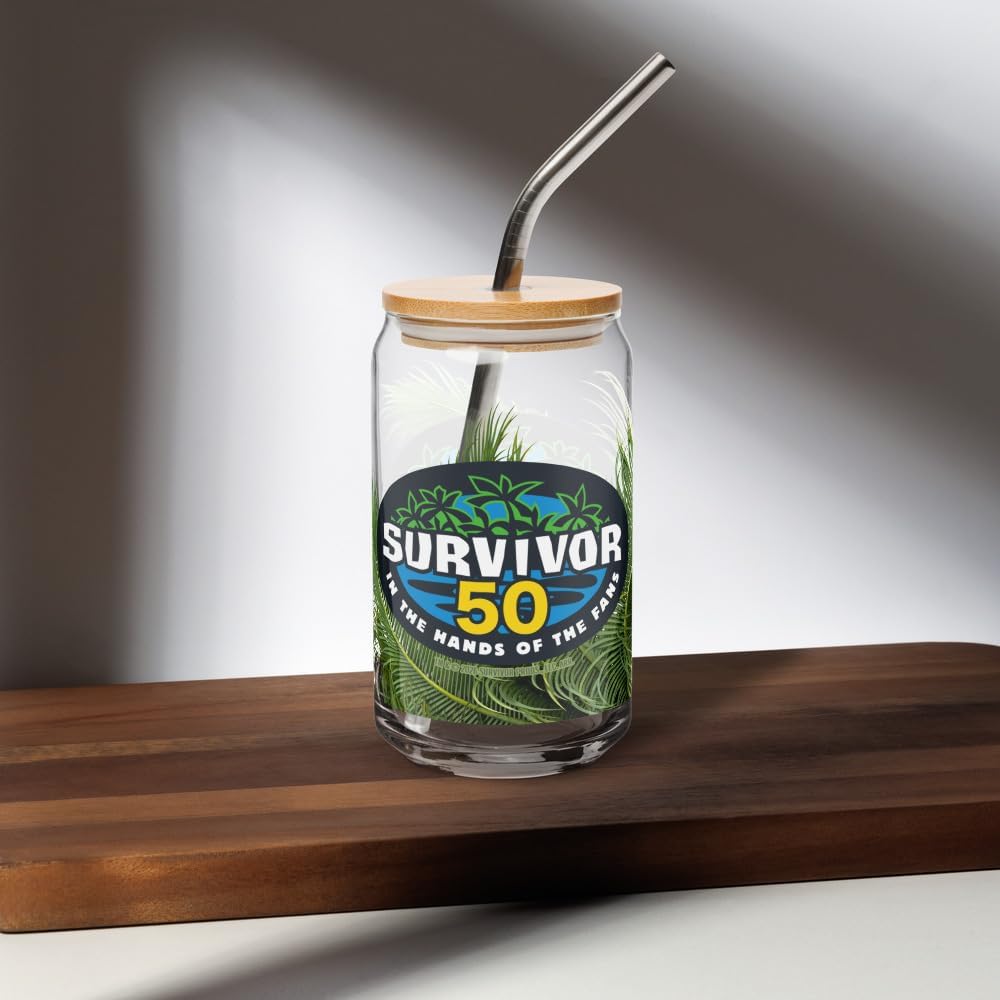 CBS Survivor Season 50 Logo Can-Shaped Glass with Lid & Straw – 16 oz Officially Licensed Drinkware