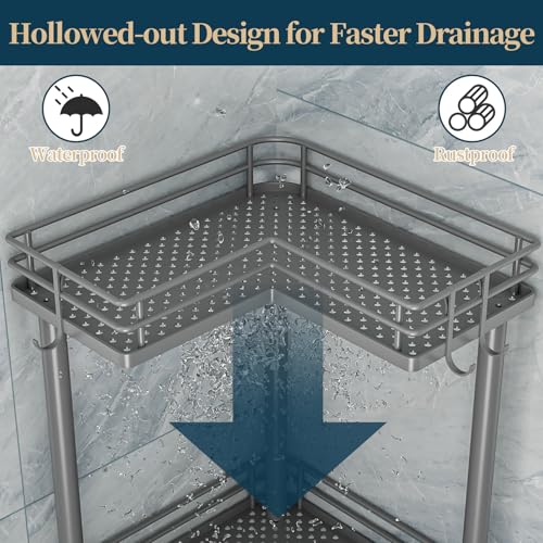 Image of Consumest Corner Shower Caddy Standing - 3-Tier Stainless Steel Shower Organizer with Soap Holder and 4 Hooks, Large Capacity Corner Shelf Stand for Bathroom, Rest Room, Grey