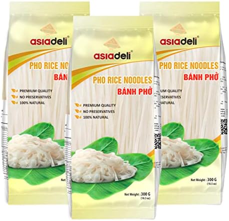Asiadeli Pho Rice Noodles, Premium Rice Stick Noodles, Banh Pho Noodles - 10.5 oz. (Pack of 3 Bags)