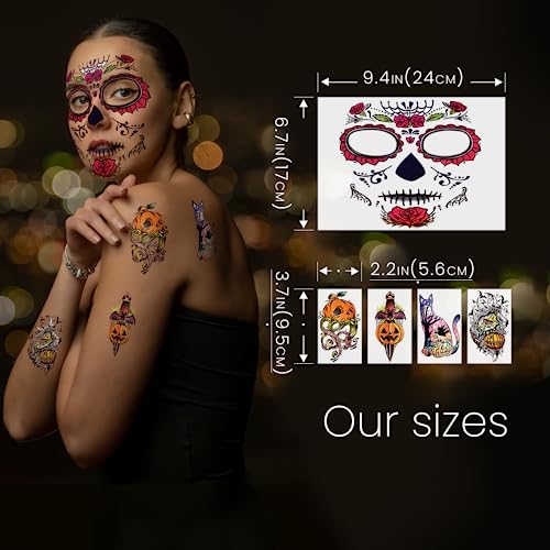 50 Sheets Halloween Temporary Tattoo Family Set Day of Dead Pumpkin Ghost for Women Black Fake Death Skull Floral Skeleton Tatoos for Men Boy Girl Halloween Zombie Makeup Tattoo Party Favor Supplies - Image 4