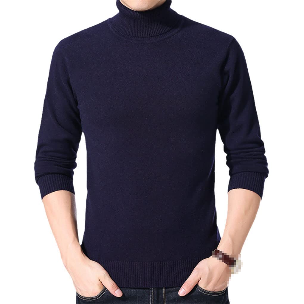 Hamthuit Suéter de cuello alto para hombre Slim Pullovers Otoño Invierno Suéter de punto cálido Hombres Casual Pullover, azul marino, L