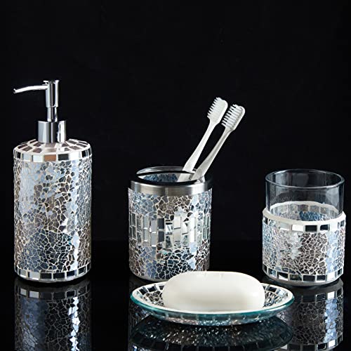 Hilhora Hand Made Bathroom Accessories Set 4Pcs Mosaic Glass Decorative Bathroom Set Includes Soap Lotion Dispenser, Tumbler, Toothbrush Holder, Soap Dish (Flower Blue & Pink) #TOP1