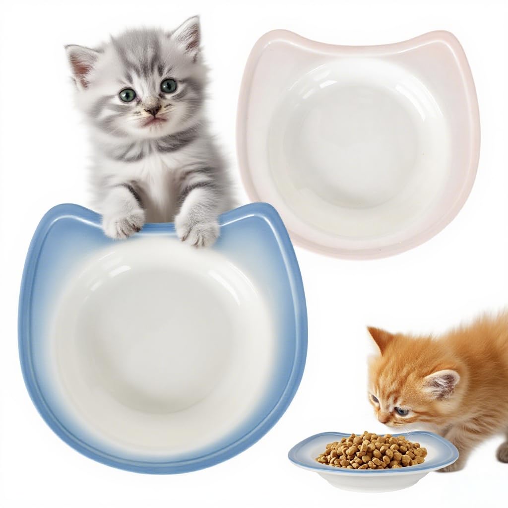 Marjoramy 2 Piece Ceramic Pet Bowls Set, Cute Ear-Shaped Design for Kittens & Puppies, Non-Slip Flat Base Food and Water Dishes, Ideal for Canned Meals and Dry Kibble