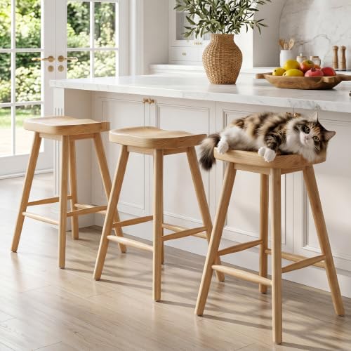 Image of HNY Backless Counter Height Bar Stools Set of 3, 24'' Rustic Farmhouse Wooden Saddle Stools Ergonomic-Seat Bar Chairs, Bar Height Barstools for Kitchen Counter Island, Natural