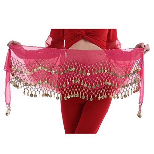 Hee Gran 3 Filas de la Danza del Vientre Danza Bufanda de la Cadera de la Falda de la Correa con 128 Monedas Rose