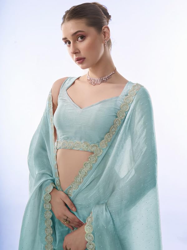 Image of ORHANS Women's Chiffon Saree with Unstitched Blouse Piece Solid Pattern and Laced Border | Lightweight Sarees for Woman | Plain Saris Daily Use | Womens Saree Modern Pattern| Stylish Saree