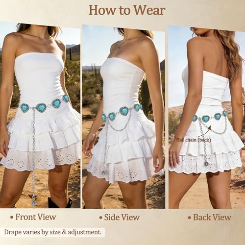 Image of Turquoise Chain Belt for Women, Western Cowgirl Concho Belt | Turquoise Concho Accents with Silver Chains for Western, Cowgirl, Rodeo, Festival and Denim Looks