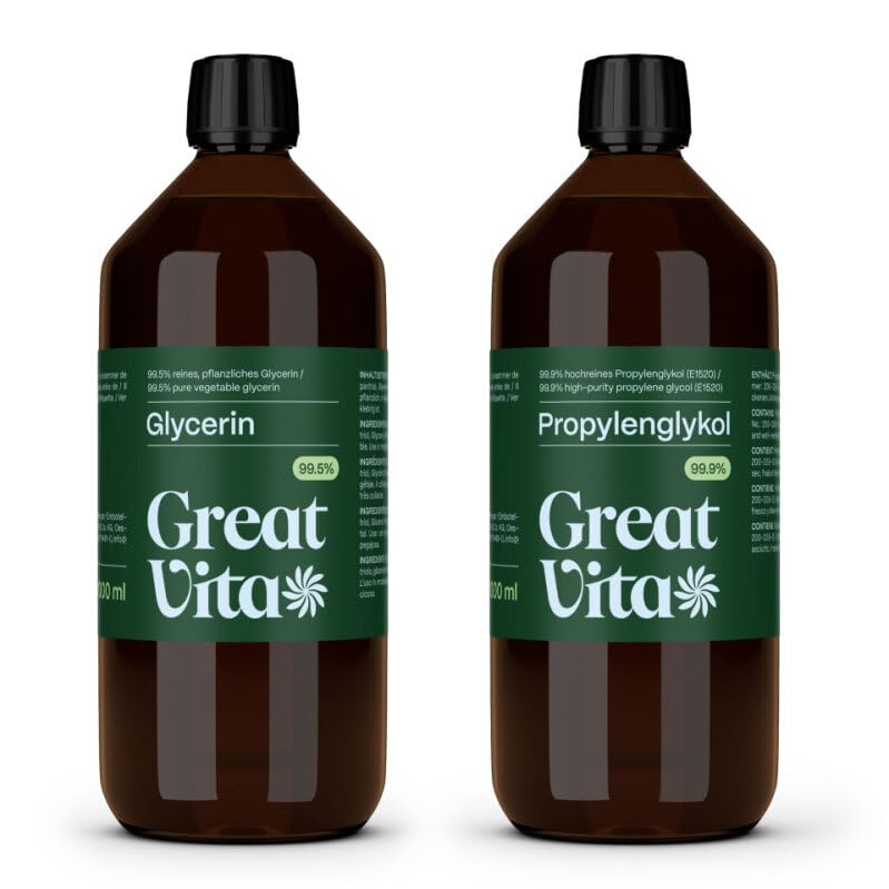 GreatVita PG VG Glycerin & Propylenglykol Set 1L + 1L - 99 9% Glycerin Flüssig Hochrein in Lebensmittelqualität - Veganes Glyzerin & PG für DIY Kosmetik & Hautpflege - Liquid Base