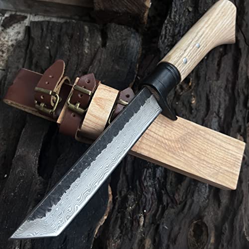 Aulakniv Damascus Tanto Fixed Blade Hunting Knife With Wooden Sheath, Japanese Camping Survival Knives With Wooden Handle #TOP2