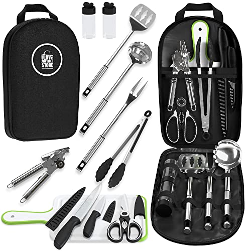 I LOVE PORTABLE STORE Camp Cooking Utensils | 11 Piece Camping Kitchen | RV Cookware Kit | Travel Grill Set | BBQ Accessories & Essentials for Camper