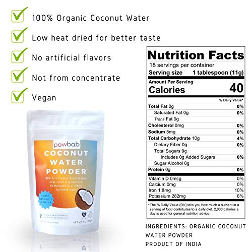 Powbab Coconut Water Powder From 100% Organic Coconut. No Sugar Added. Pure Delicate, Clean Taste. Dehydrated, Not Freeze Dried, Raw, Unsweetened Electrolytes And Real Hydration. Good For Cramps. #TOP4