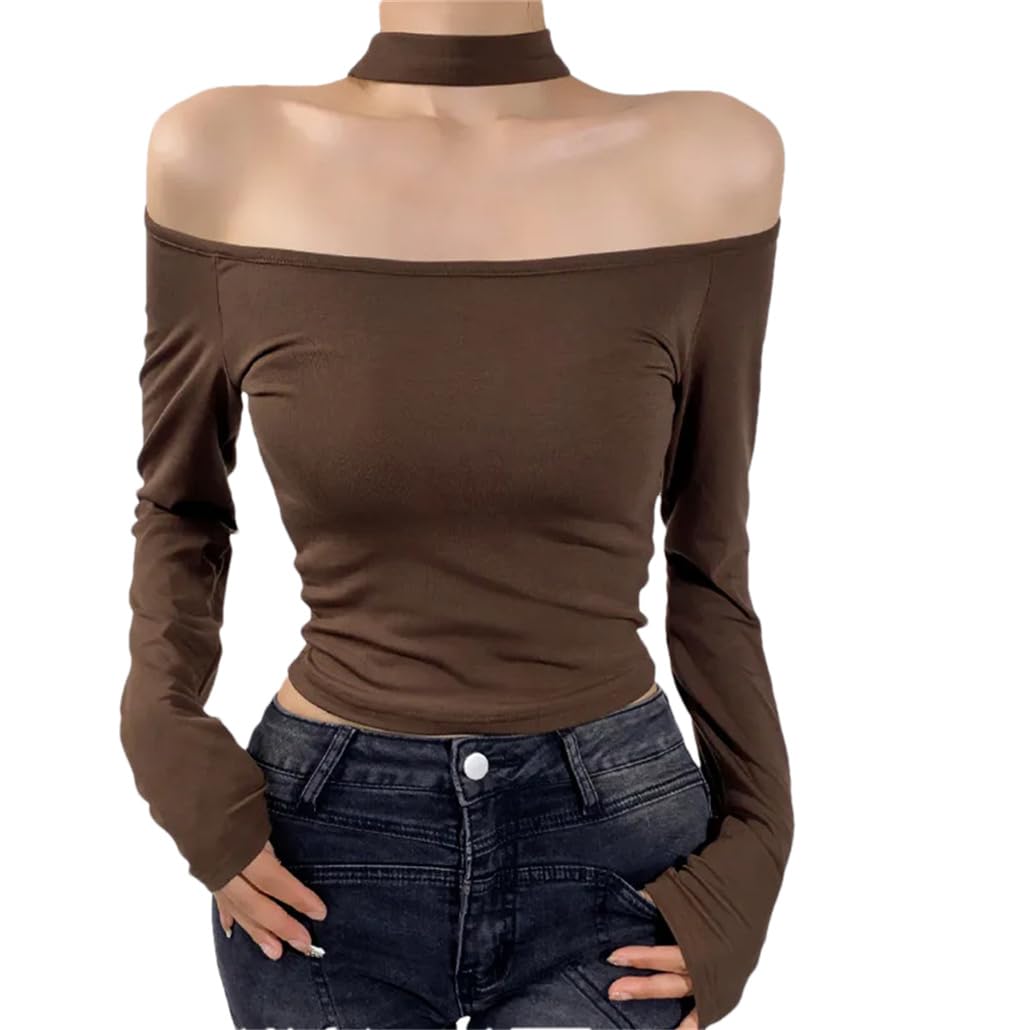 Maglietta da donna retrò senza spalline con colletto sexy senza spalline a maniche lunghe canotte skinny Tee