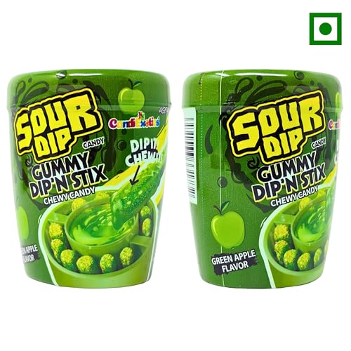 Image of CandiExotics Sour Dip Gummy Dip'N Stix - Green Apple Flavour | Chewy Candy with Liquid Dipping Sugar | 100% Vegan - 96