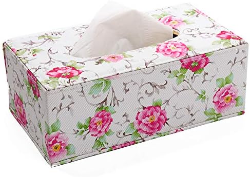 AHGO Retangular Tissue Holders Pink Floral Pattern PU Leather Tissue Box Cover Facial Tissue Refill Holder/Decorative Napkin Box Cover (Retangular L(9.85" x 5.32" x 3.75"))