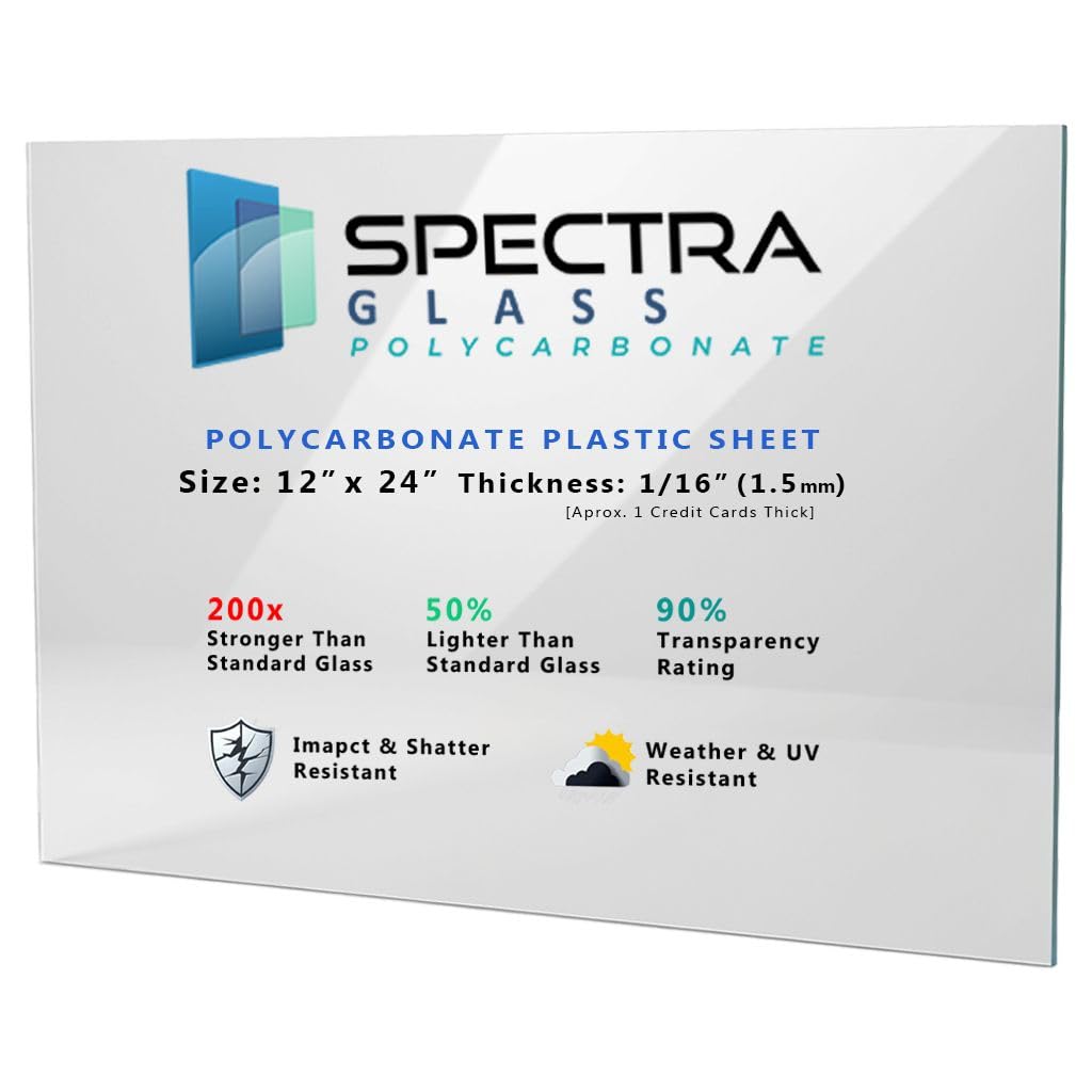 Spectra Glass Clear Polycarbonate Plastic Sheet. Stronger Than Plexiglass Sheets. UV, Impact, Weather Resistant. Sizes Nominal Cut Within +-1/8". Made in USA. 12" x 24" (1/16" Thick)