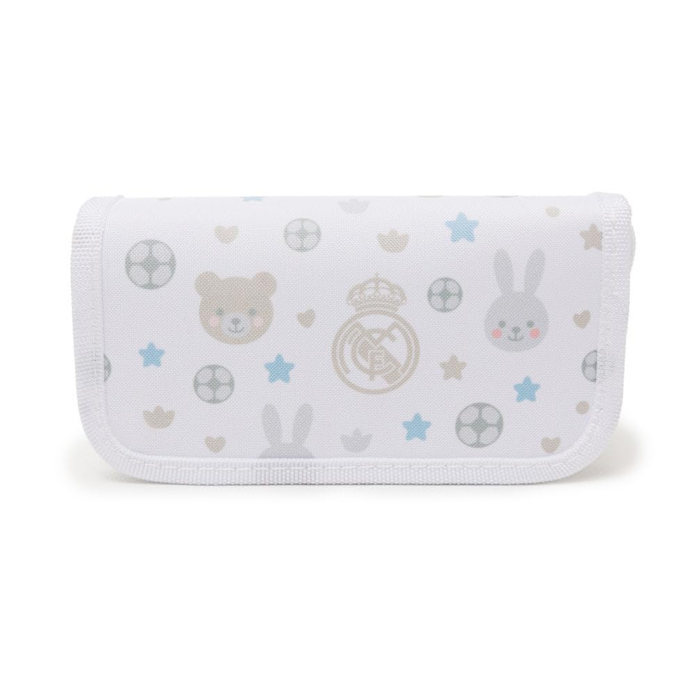 Miniland - Kit de toilette pour bébé du Real Madrid - Trousse avec peigne, brosse douce, ciseaux, coupe-ongles et limes - Design compact et officiel du club - Dès 0 mois