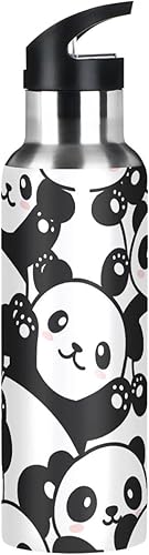 Miniatura 4 de Botella de agua Panda para niños, con tapa de pajilla, a prueba de fugas, lindo estampado de animales, botella de agua aislada de acero inoxidable